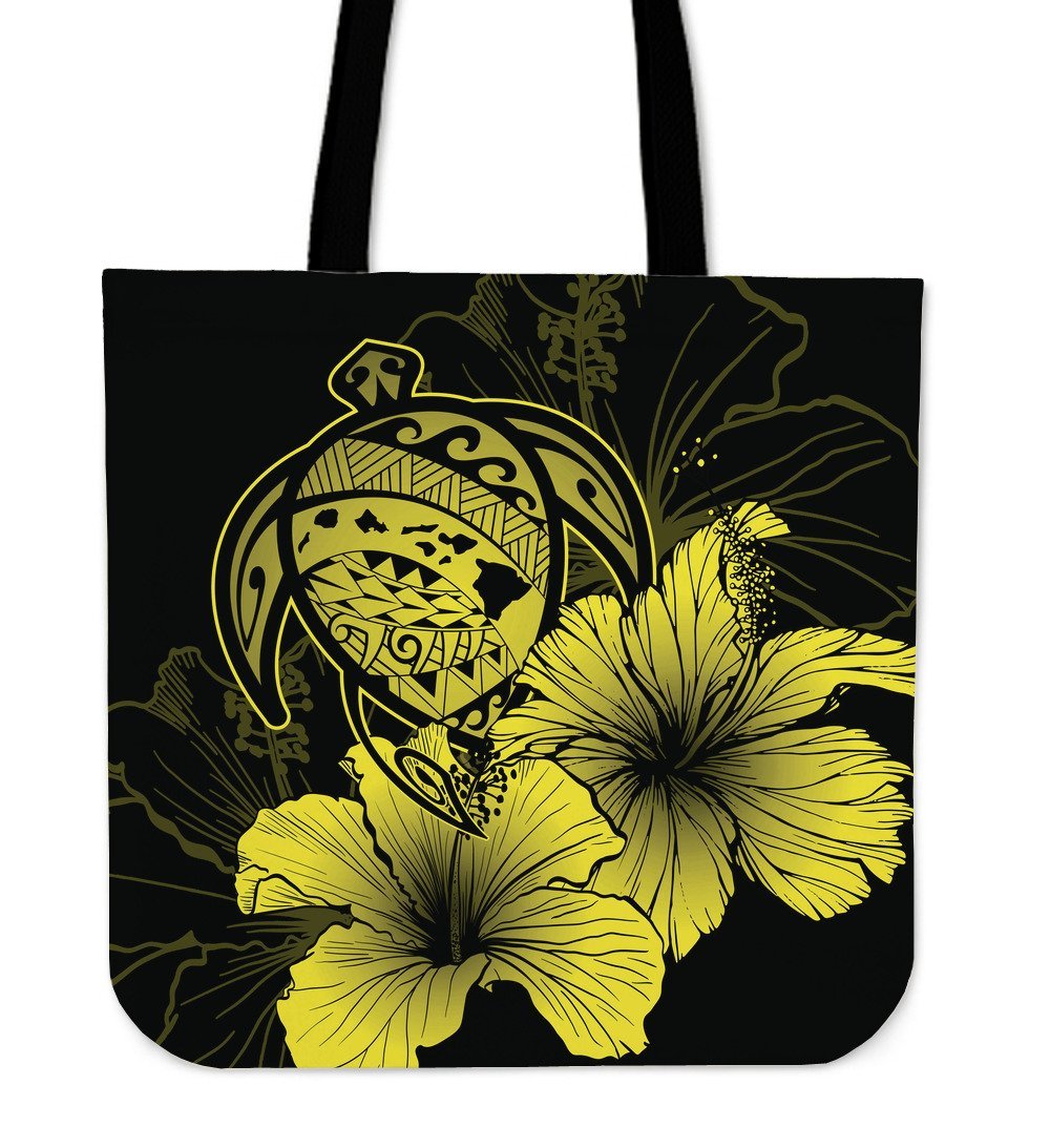 Hawaii Hibiscus Tote Bag - Turtle Map - Yellow - Polynesian Pride