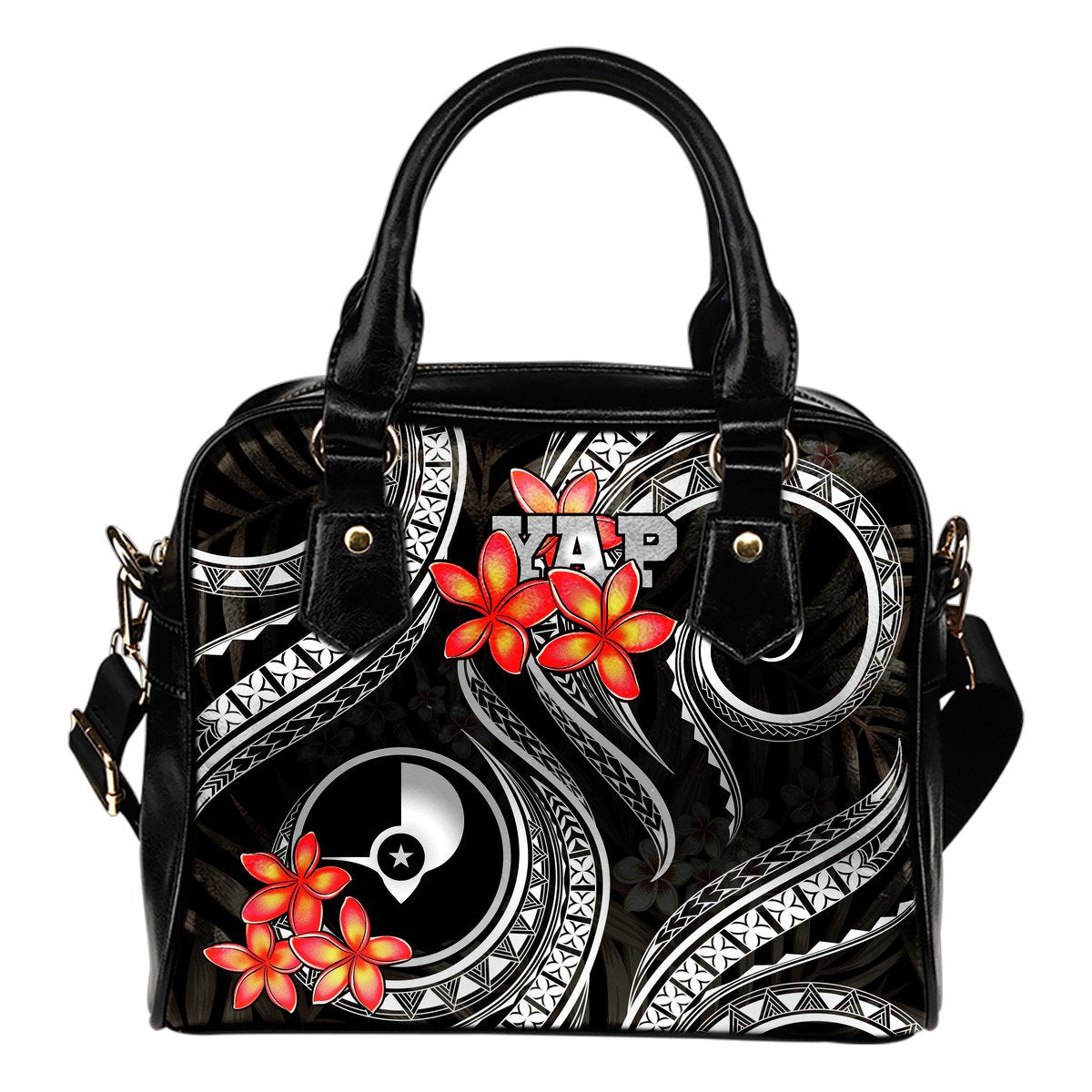 Yap Micronesian Shoulder Handbag - Black Plumeria One Size BLACK - Polynesian Pride