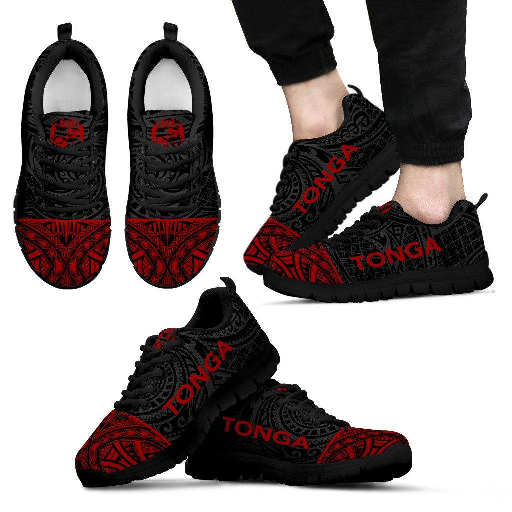 Tonga Sneakers - Tonga Coat Of Arms Polynesian Tattoo Red Style Unisex Black - Polynesian Pride