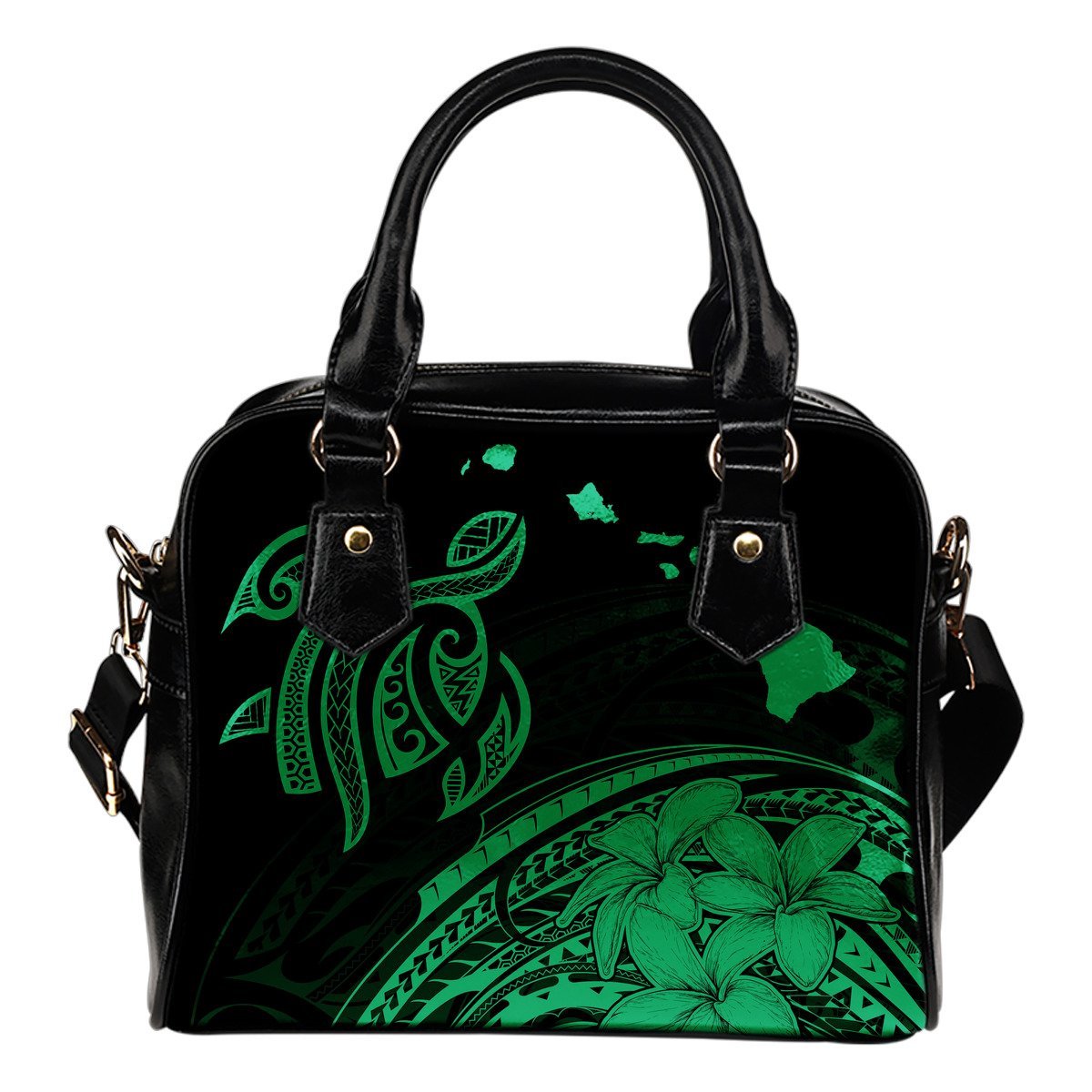 Hawaii Map Plumeria Polynesian Green Turtle Shoulder Handbag One Size Green - Polynesian Pride