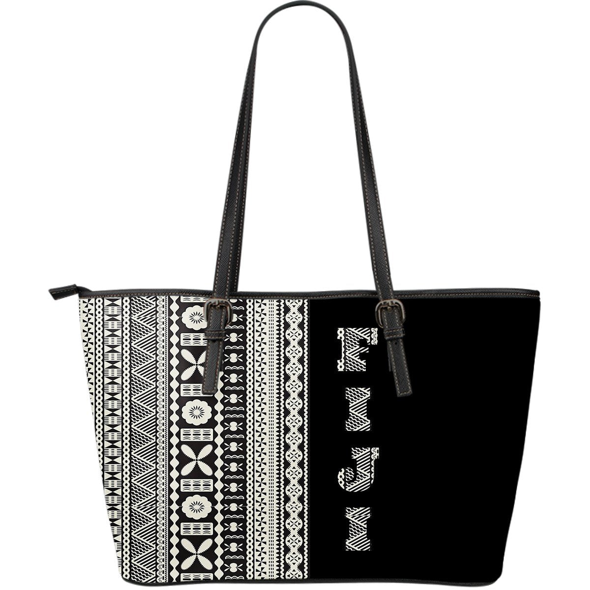 Fiji Large Leather Tote Bag Tapa Haft TH1 Black - Polynesian Pride