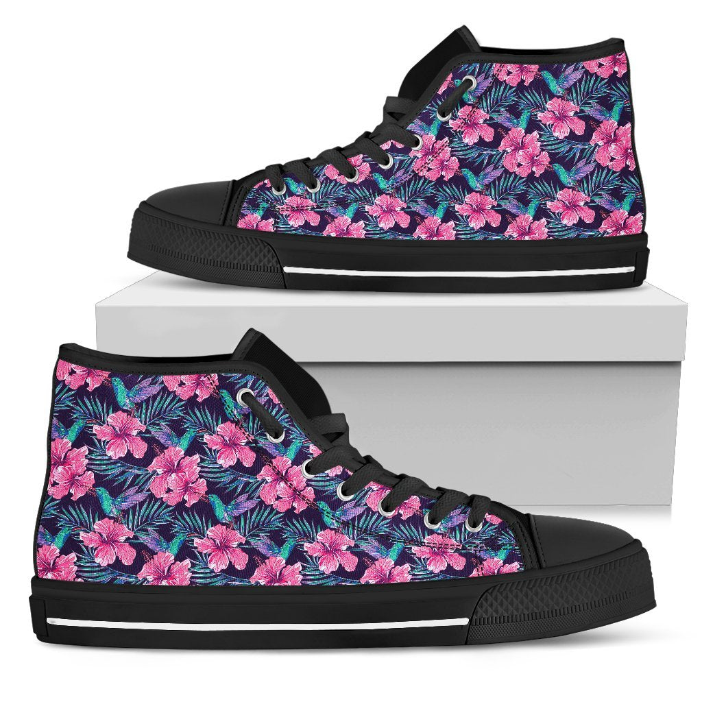 Hawaiian Shoes - Tropical Flowers With Hummingbirds Palm Leaves High Top Shoes Mens High Top Black - Polynesian Pride