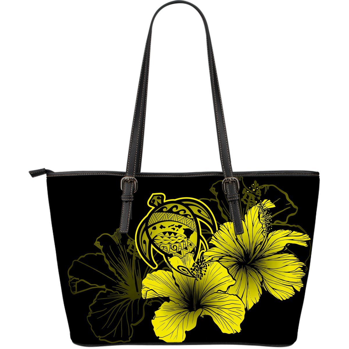 Hawaii Hibiscus Large Leather Tote Bag - Turtle Map - Yellow Yellow - Polynesian Pride