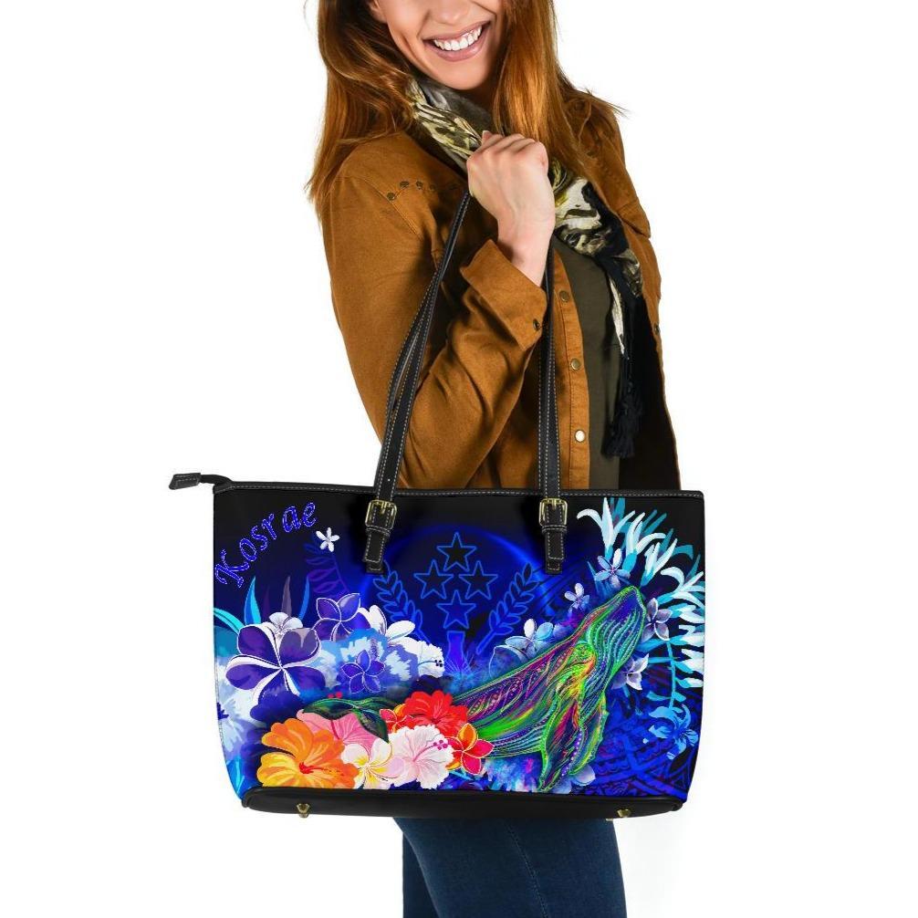 Kosrae Large Leather Tote Bag - Humpback Whale with Tropical Flowers (Blue) Blue - Polynesian Pride