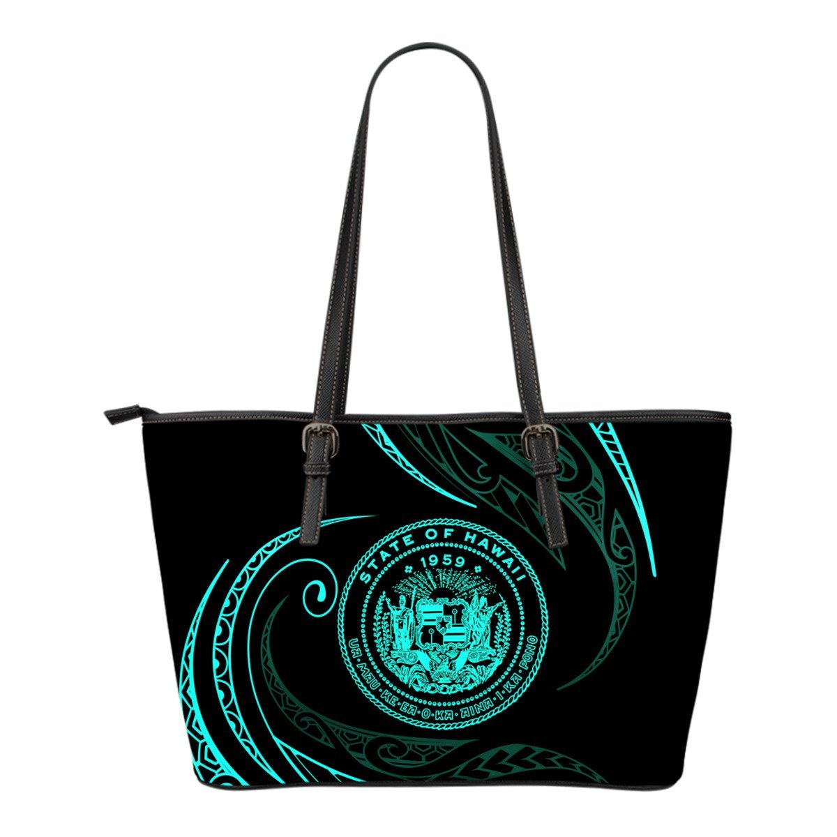 Hawaii Coat Of Arms Small Leather Tote - Turquoise - Frida Style Black - Polynesian Pride