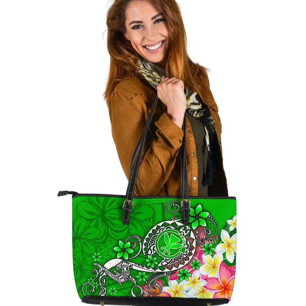 Hawaii Polynesian Leather Tote Bag - Turtle Plumeria (Green) Green - Polynesian Pride