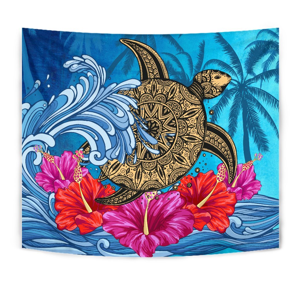 Hawaii Sea Turtle Hibiscus Coconut Tree Tapestry - Polynesian Pride