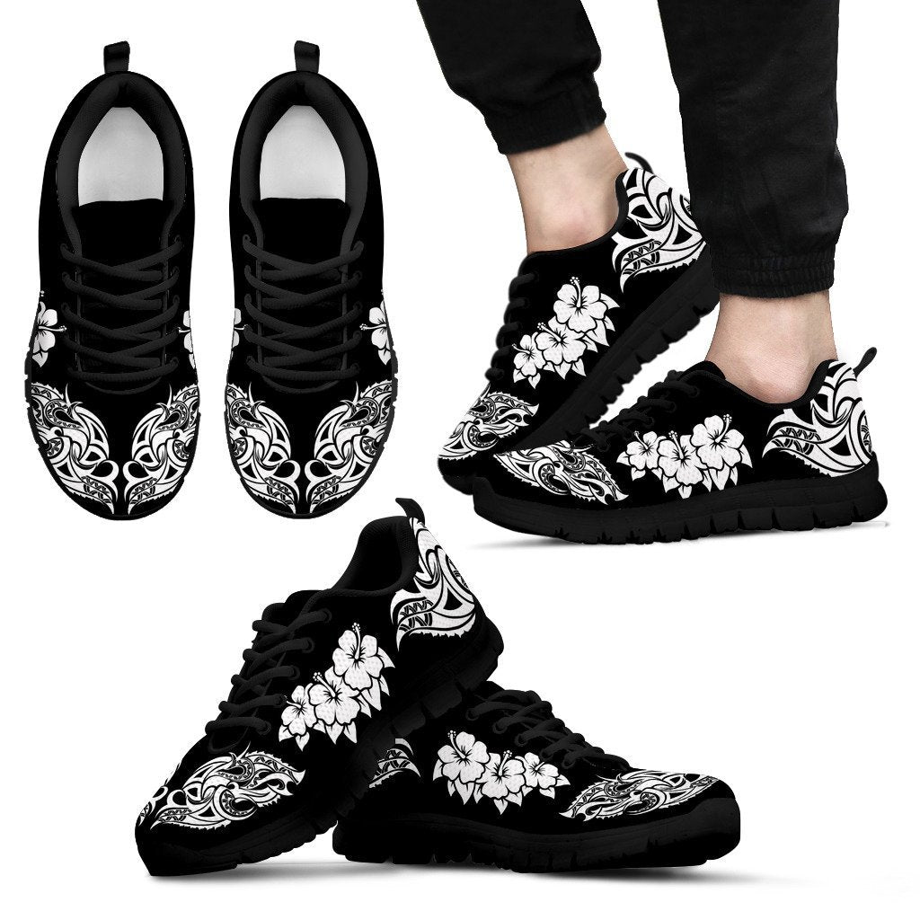 Polynesian Shoes - White Hibiscus Tribal - NN6 Unisex Black - Polynesian Pride