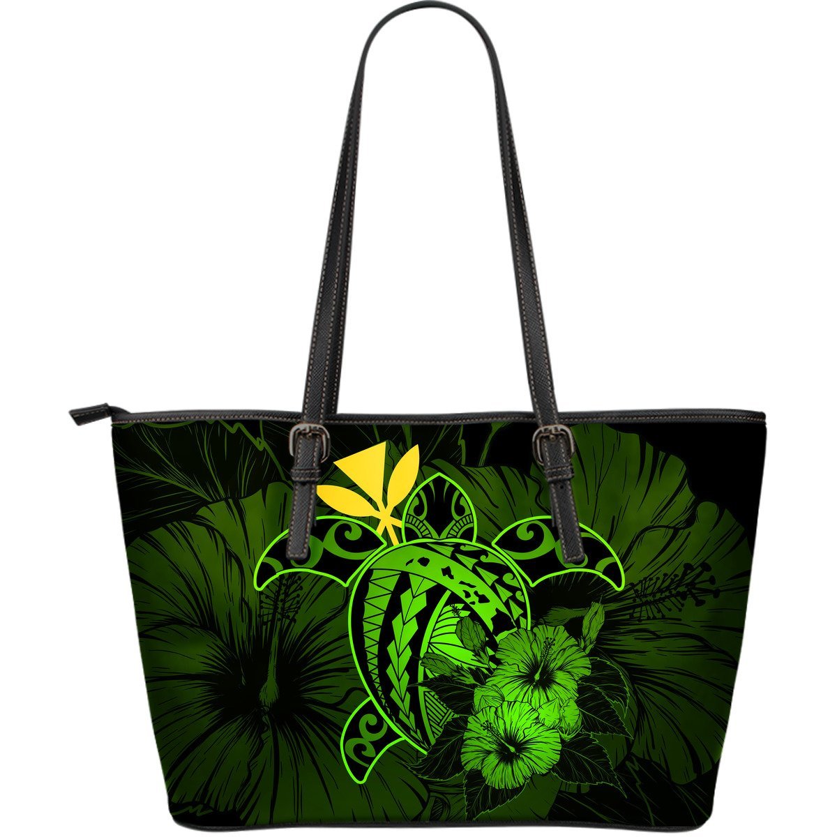 Hawaii Hibiscus Large Leather Tote Bag - Harold Turtle - Green Green - Polynesian Pride