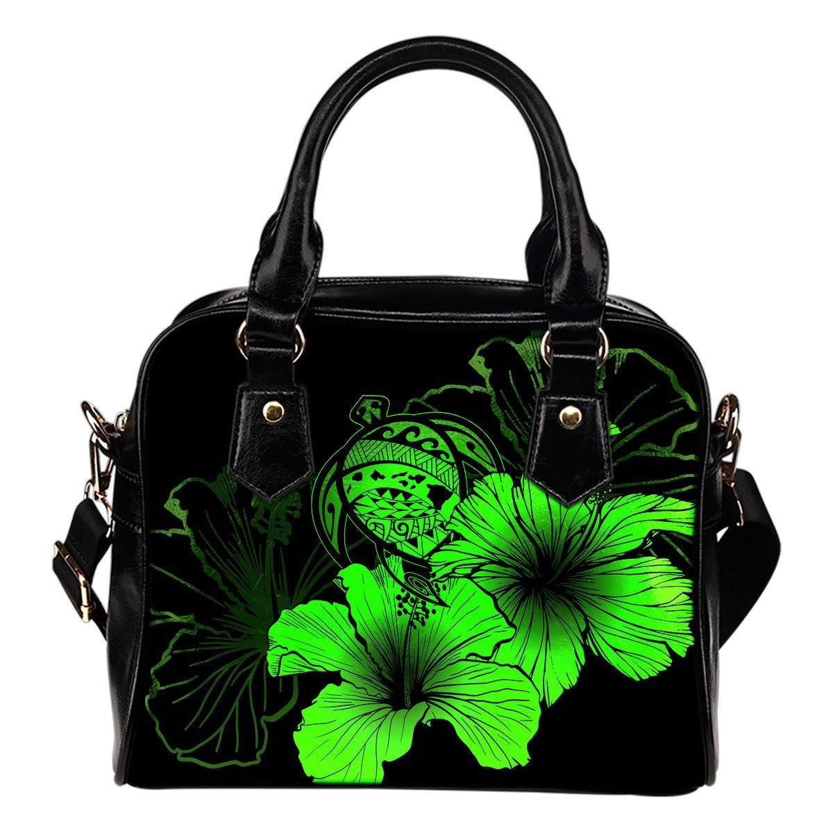 Hawaii Hibiscus Shoulder Handbag - Turtle Map - Green Shoulder Handbag One Size Green - Polynesian Pride