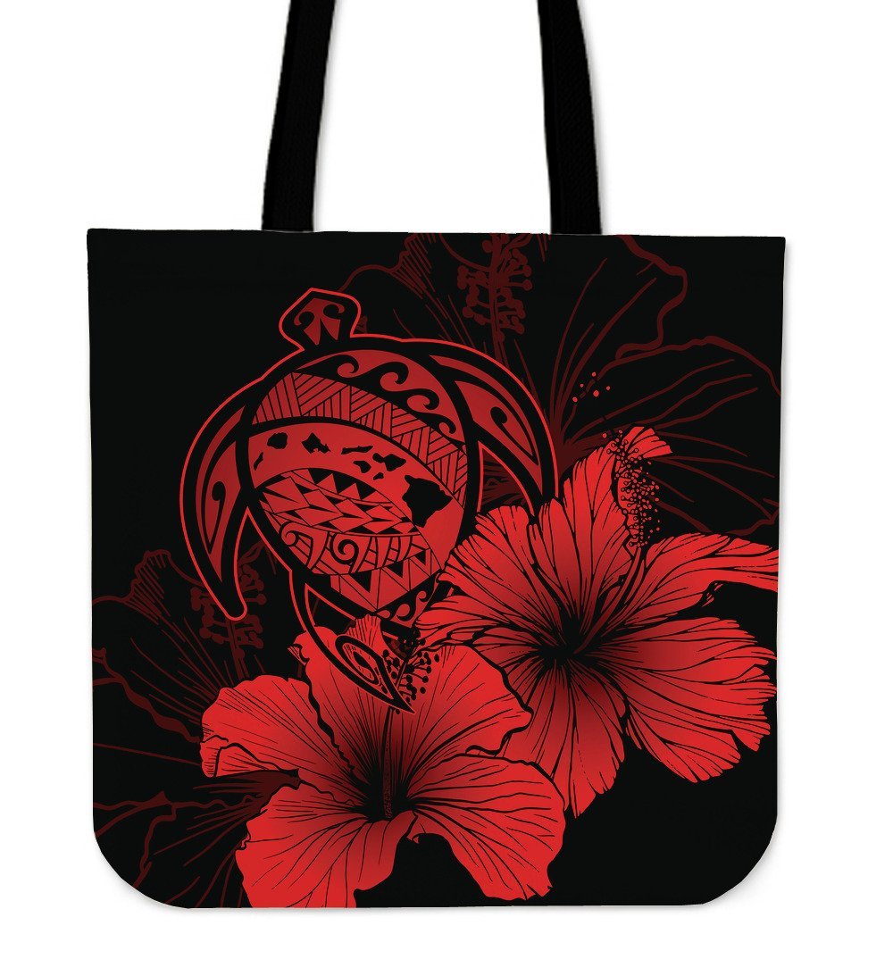 Hawaii Hibiscus Tote Bag - Turtle Map - Red - Polynesian Pride