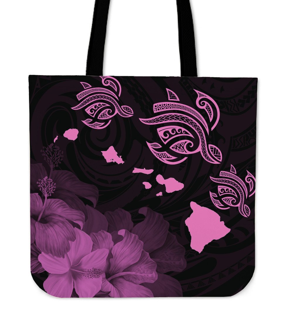 Hawaii Hibiscus Map Polynesian Ancient Pink Turtle Tote Bag Tote Bag One Size Pink - Polynesian Pride