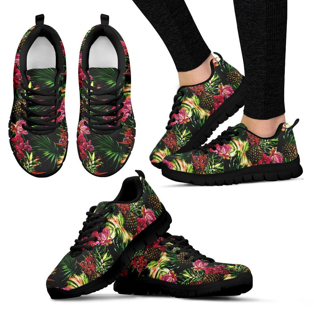 Hawaii Palm Leaves Pineapples Jungle Leaf Sneaker Women's Sneakers Black - Polynesian Pride