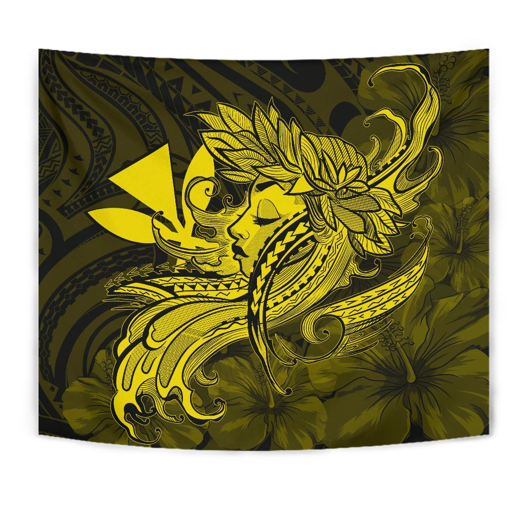 Hula Girl Hibiscus Kanaka Poly Tapestry - Yellow - Polynesian Pride