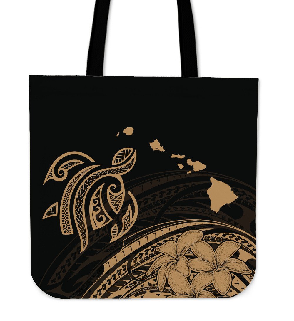 Hawaii Map Plumeria Polynesian Gold Turtle Tote Bag Tote Bag One Size Gold - Polynesian Pride