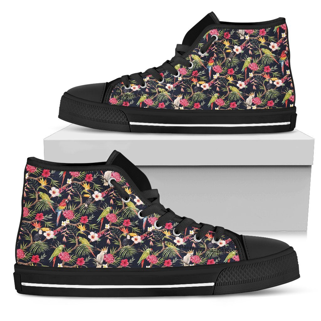 Hawaiian Shoes - Tropical Hibiscus, Strelitzia Palm Leaves High Top Shoes Mens High Top Black - Polynesian Pride