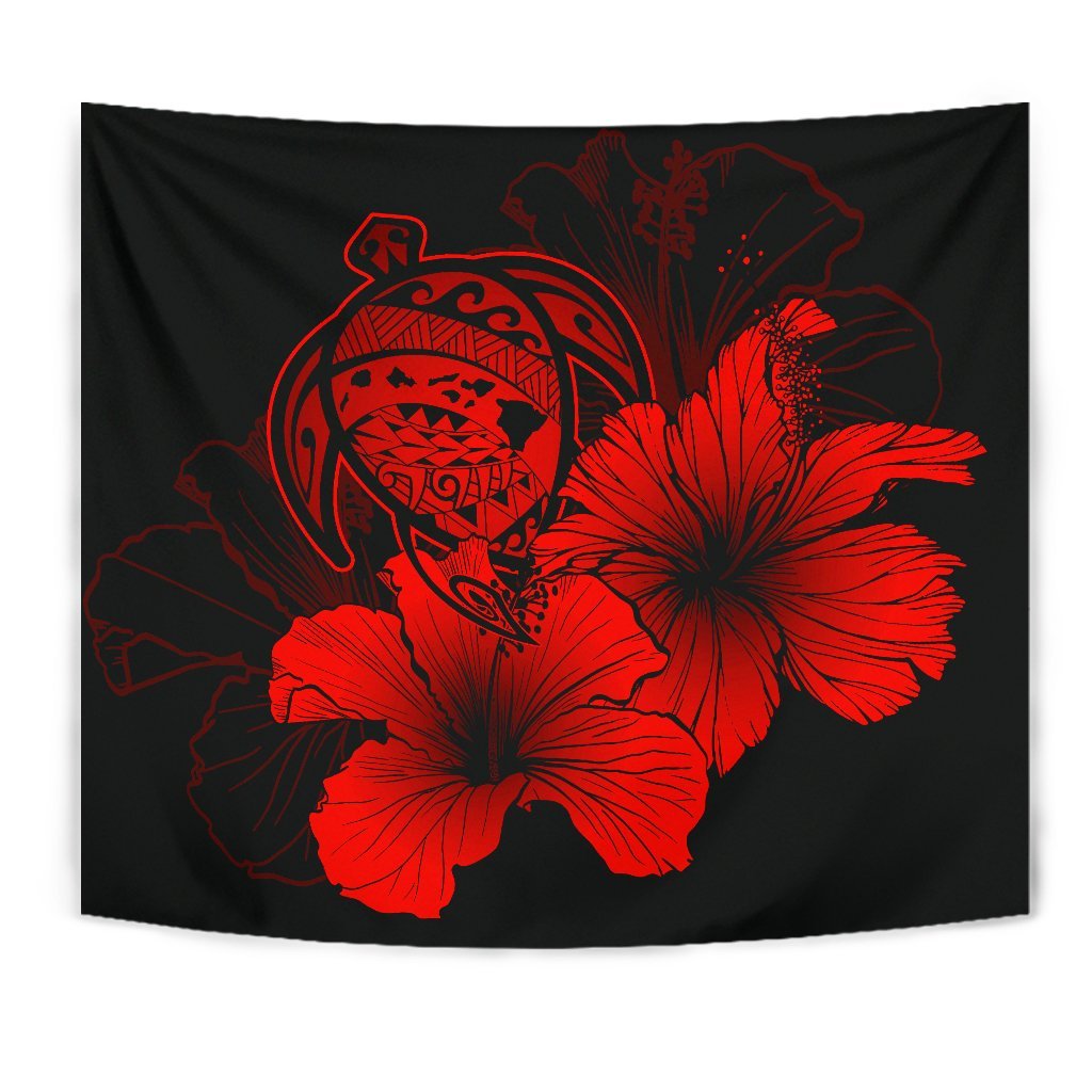 Hawaii Hibiscus Tapestry - Turtle Map - Calico Red - Polynesian Pride