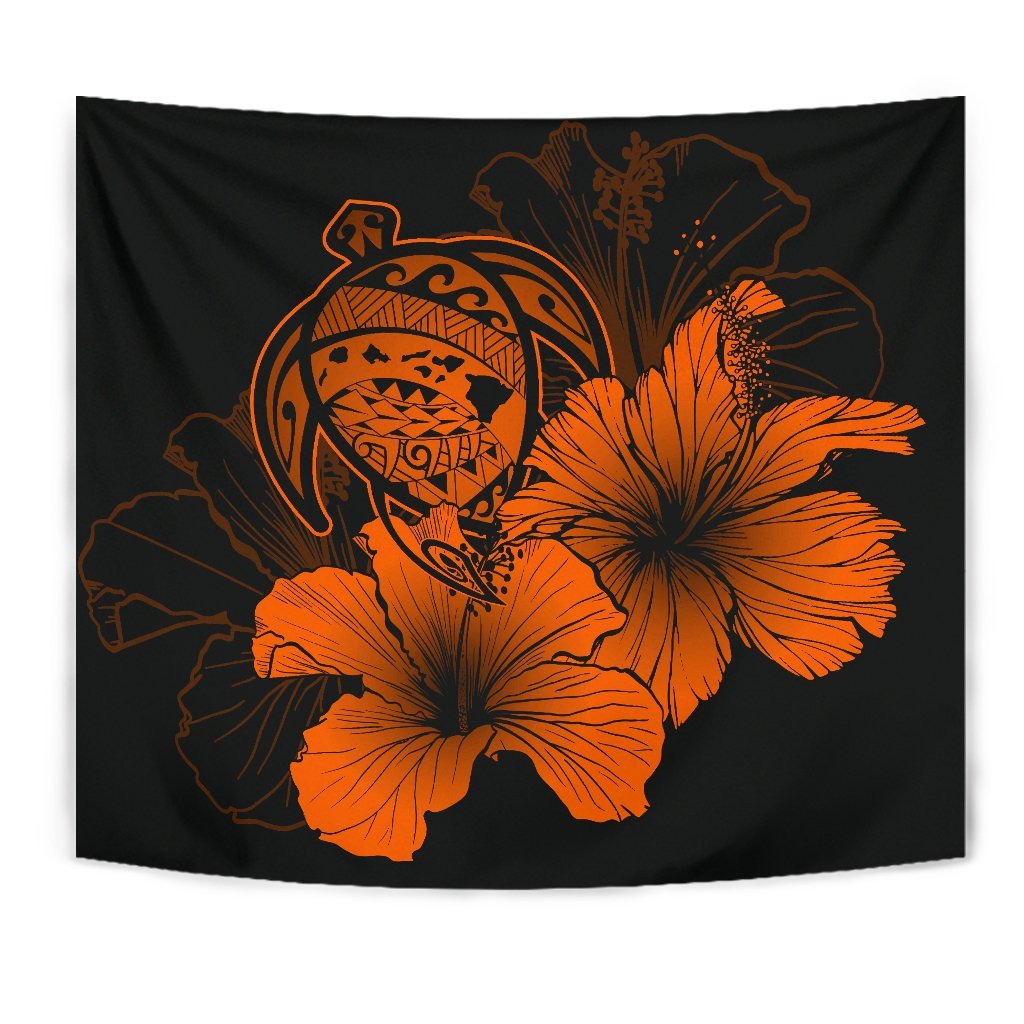 Hawaii Hibiscus Tapestry - Turtle Map - Orange - Polynesian Pride