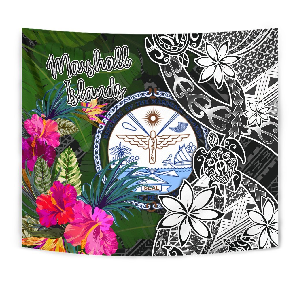 Marshall Islands Tapestry - Turtle Plumeria Banana Leaf Crest Wall Tapestry Black - Polynesian Pride