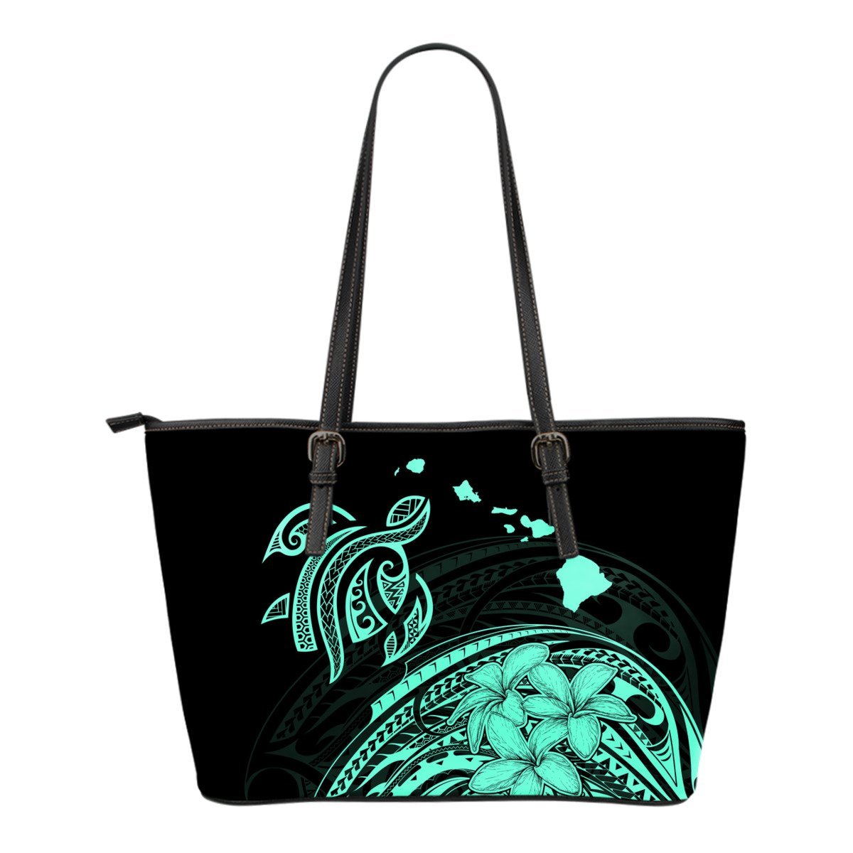 Hawaii Map Plumeria Polynesian Turquoise Turtle Small Leather Tote Turquoise - Polynesian Pride