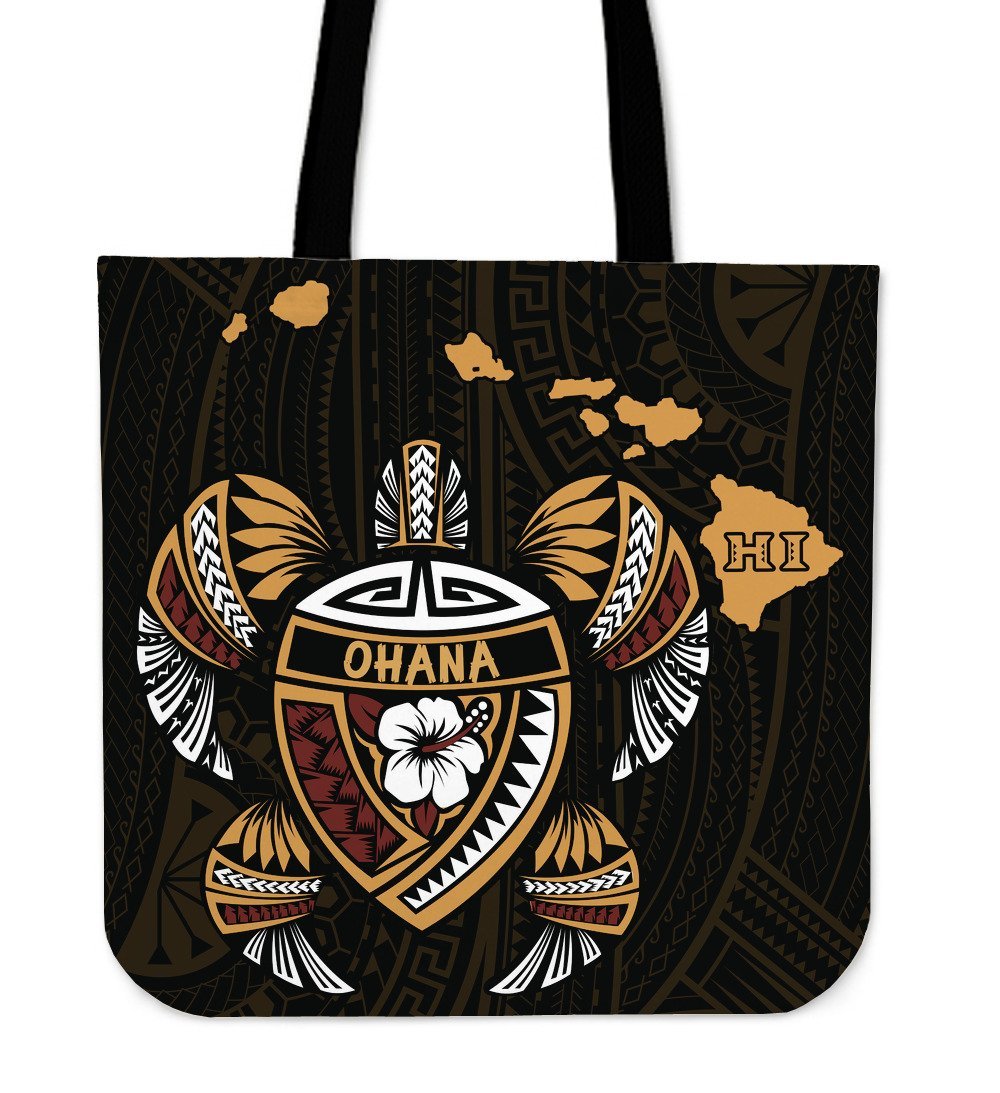 Hawaii Kakau Polynesian Turtle Map Tote Bag Tote Bag One Size Black - Polynesian Pride