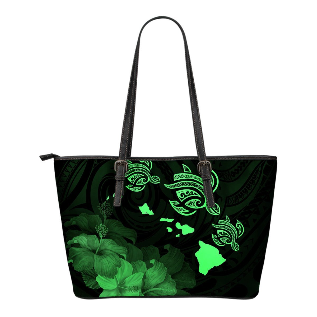 Hawaii Hibiscus Map Polynesian Ancient Green Turtle Small Leather Tote Green - Polynesian Pride