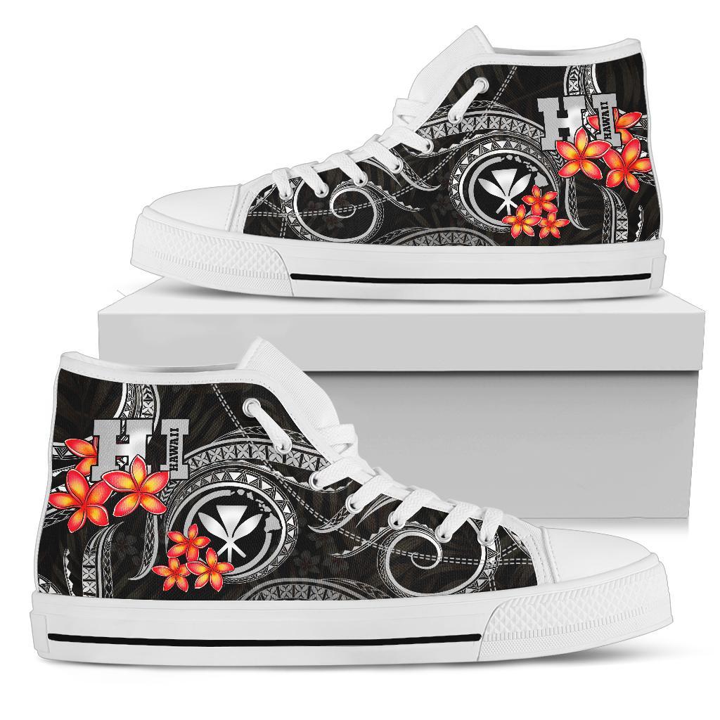 Polynesian Hawaii High Top Shoes - Black Plumeria Unisex White - Polynesian Pride