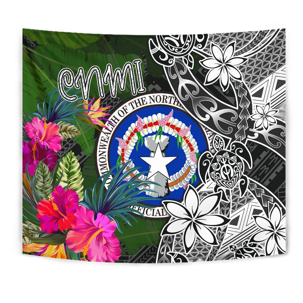 Northern Mariana Islands Tapestry - Turtle Plumeria Banana Leaf Wall Tapestry Black - Polynesian Pride