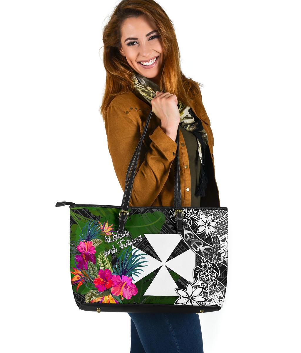 Wallis and Futuna Large Leather Tote Bag - Turtle Plumeria Banana Leaf Black - Polynesian Pride