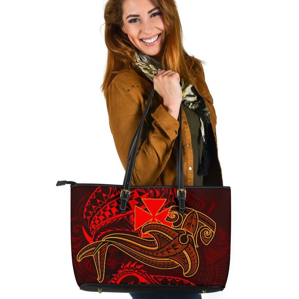 Polynesian Wallis and Futuna Large Leather Tote Bag - Red Shark Polynesian Tattoo Red - Polynesian Pride