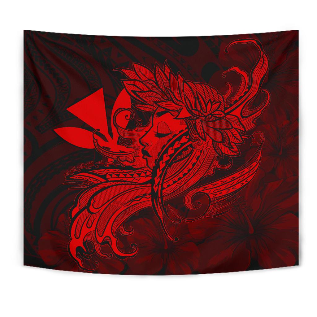 Hula Girl Hibiscus Kanaka Poly Tapestry - Red - Polynesian Pride