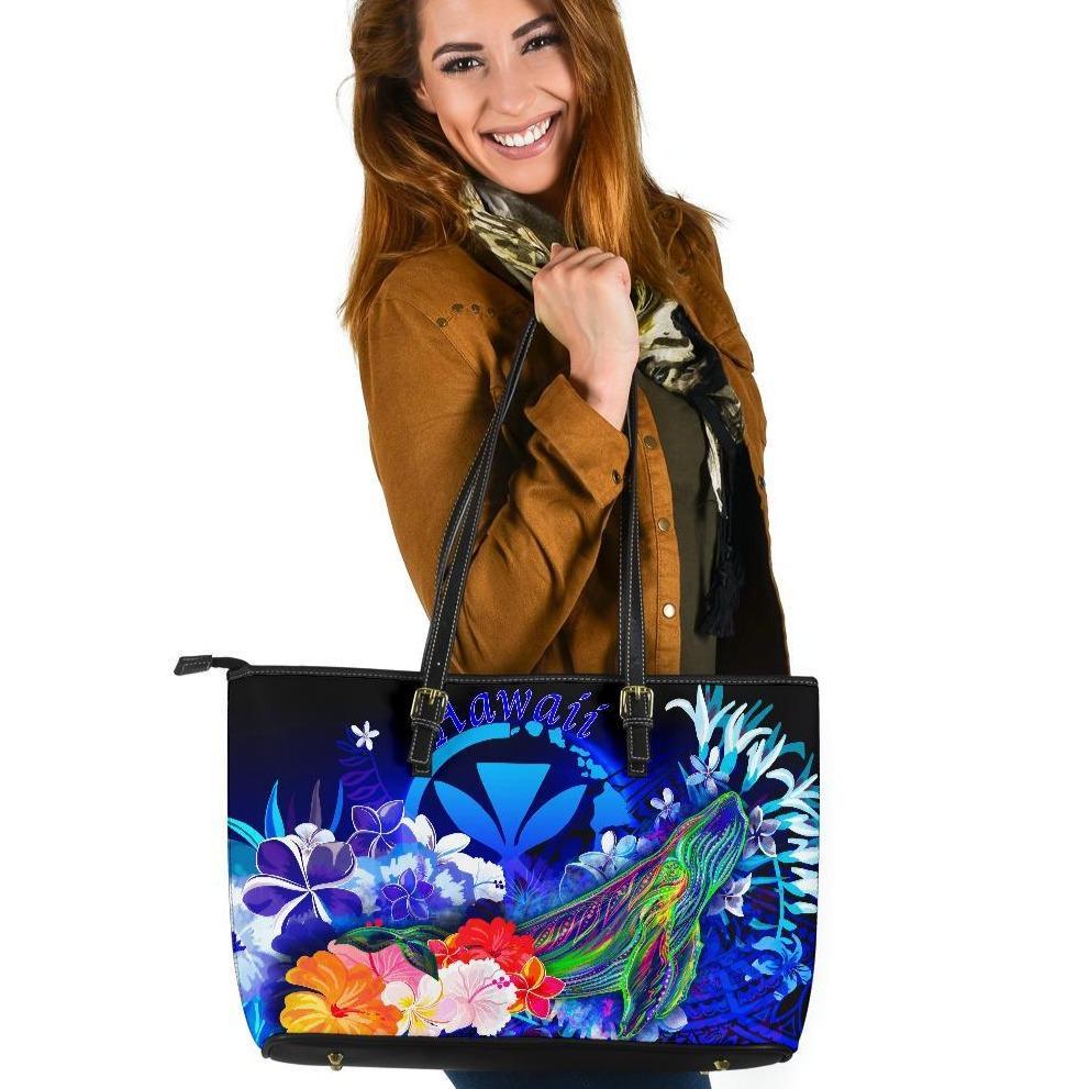 Polynesian Hawaii Large Leather Tote Bags - Kanaka Maoli Humpback Whale with Tropical Flowers (Blue) Blue - Polynesian Pride