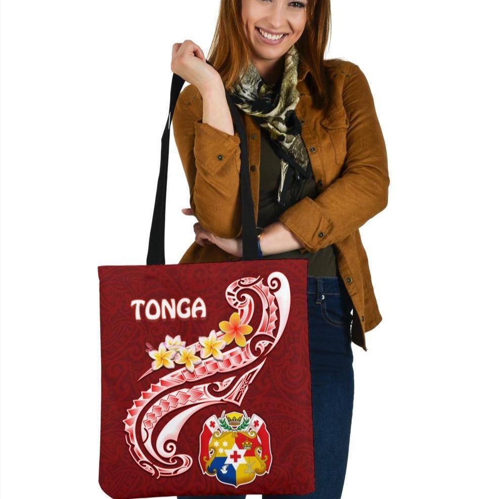 Tonga Tote Bags - Tonga Coat Of Arms With Polynesian Patterns Tote Bag One Size Red - Polynesian Pride