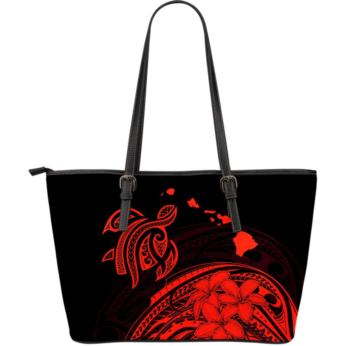 Hawaii Map Plumeria Polynesian Red Turtle Large Leather Tote Red - Polynesian Pride