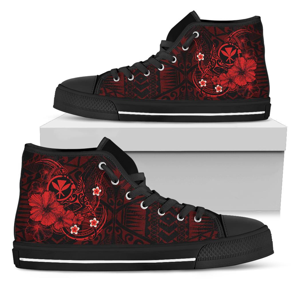 Polynesian Hawaii Kanaka Maoli High Top Shoes - Humpback Whale with Hibiscus (Red) Unisex Black - Polynesian Pride