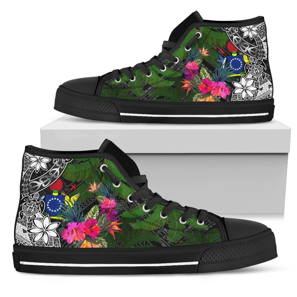 Cook Islands High Top Shoes - Turtle Plumeria Banana Leaf Unisex Black - Polynesian Pride