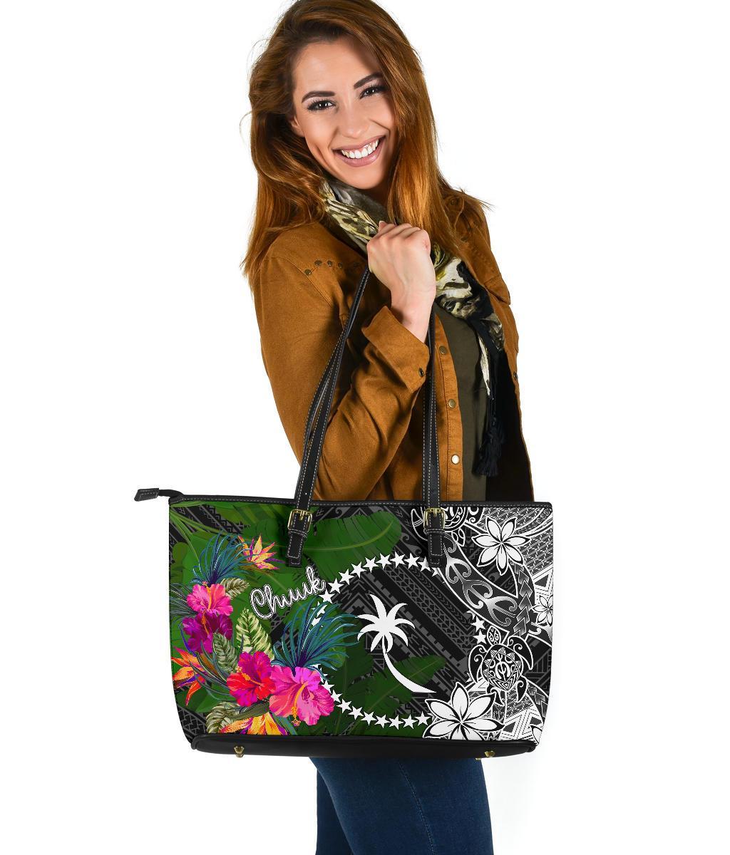 Chuuk Large Leather Tote Bag - Turtle Plumeria Banana Leaf Black - Polynesian Pride