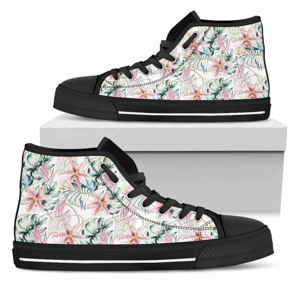 Hawaiian Shoes - Tropical Pattern With Orchids, Leaves And Gold Chains. High Top Shoes Mens High Top Black - Polynesian Pride