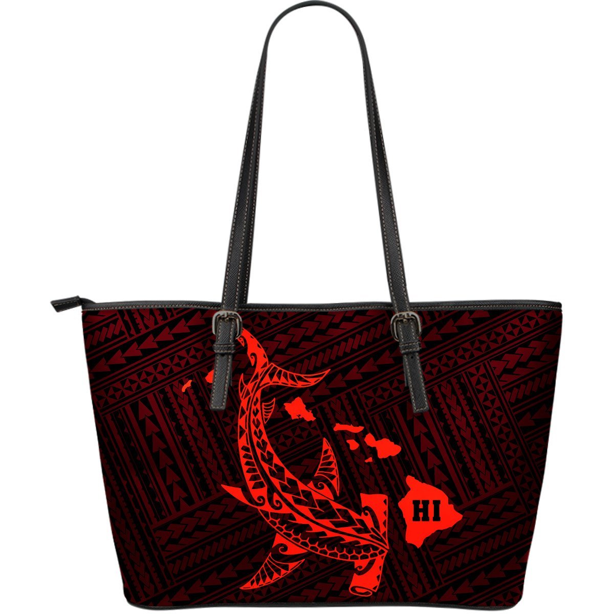 Hawaii Shark Red Polynesian Large Leather Tote Red - Polynesian Pride