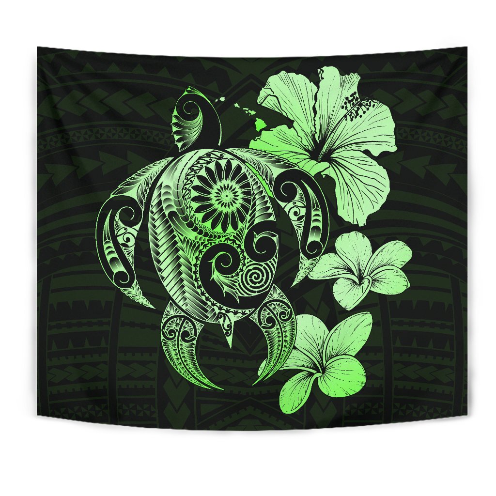 Hibiscus Plumeria Mix Polynesian Green Turtle Tapestry - Polynesian Pride