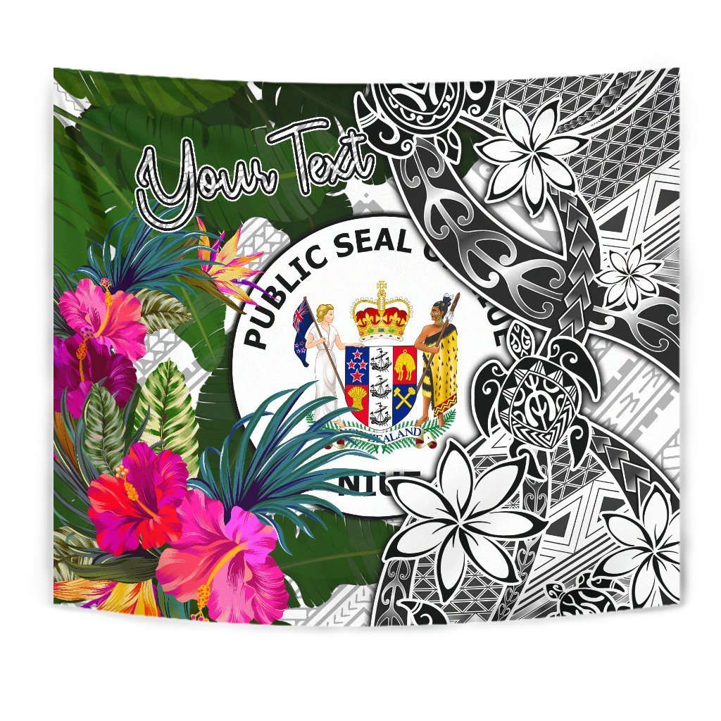 Niue Custom Personalised Tapestry White - Turtle Plumeria Banana Leaf Wall Tapestry White - Polynesian Pride