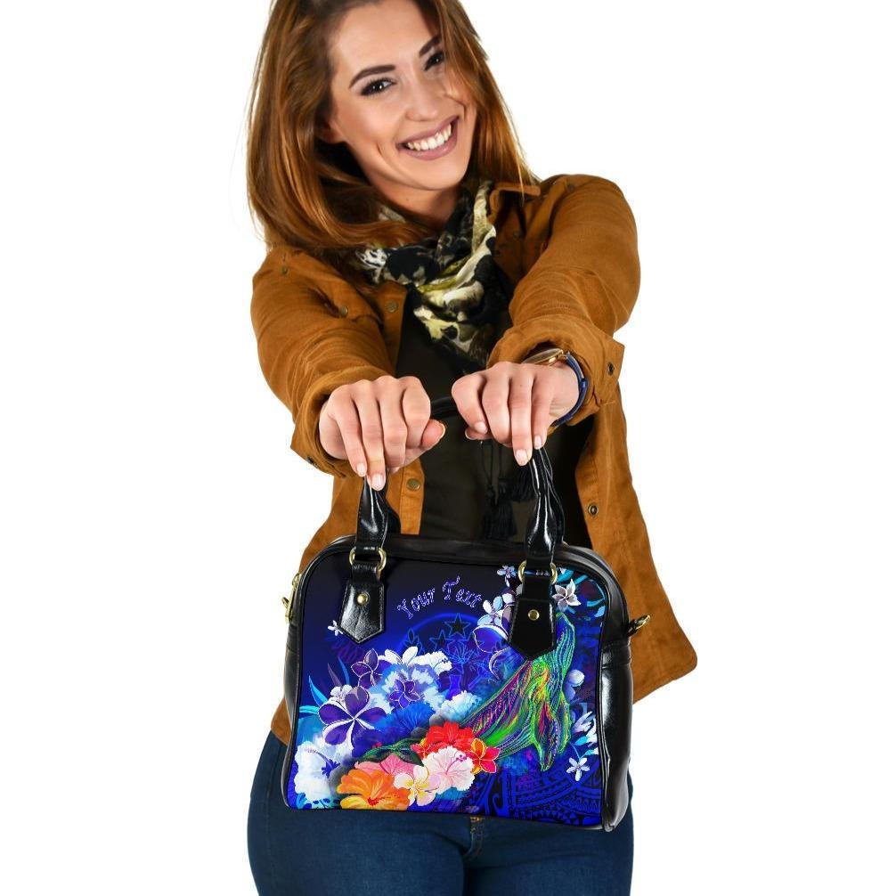 Kosrae Custom Personalised Shoulder Handbag - Humpback Whale with Tropical Flowers (Blue) One Size Blue - Polynesian Pride