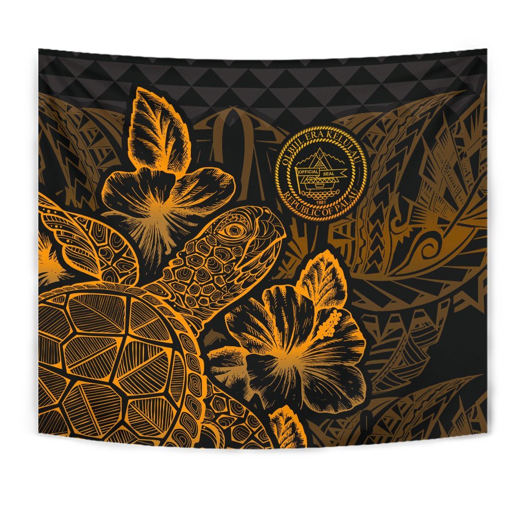 Palau Tapestry - Turtle Hibiscus Pattern Gold - Polynesian Pride