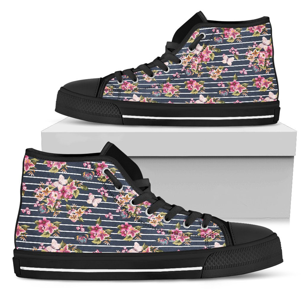 Hawaiian Shoes - Tropical Butterfly Pink High Top Shoes Mens High Top Black - Polynesian Pride