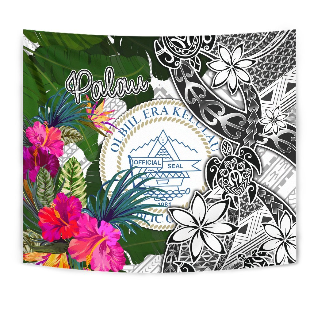 Palau Tapestry White - Turtle Plumeria Banana Leaf Crest Wall Tapestry White - Polynesian Pride