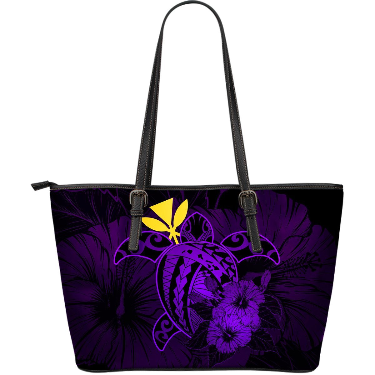 Hawaii Hibiscus Large Leather Tote Bag - Harold Turtle - Purple Purple - Polynesian Pride