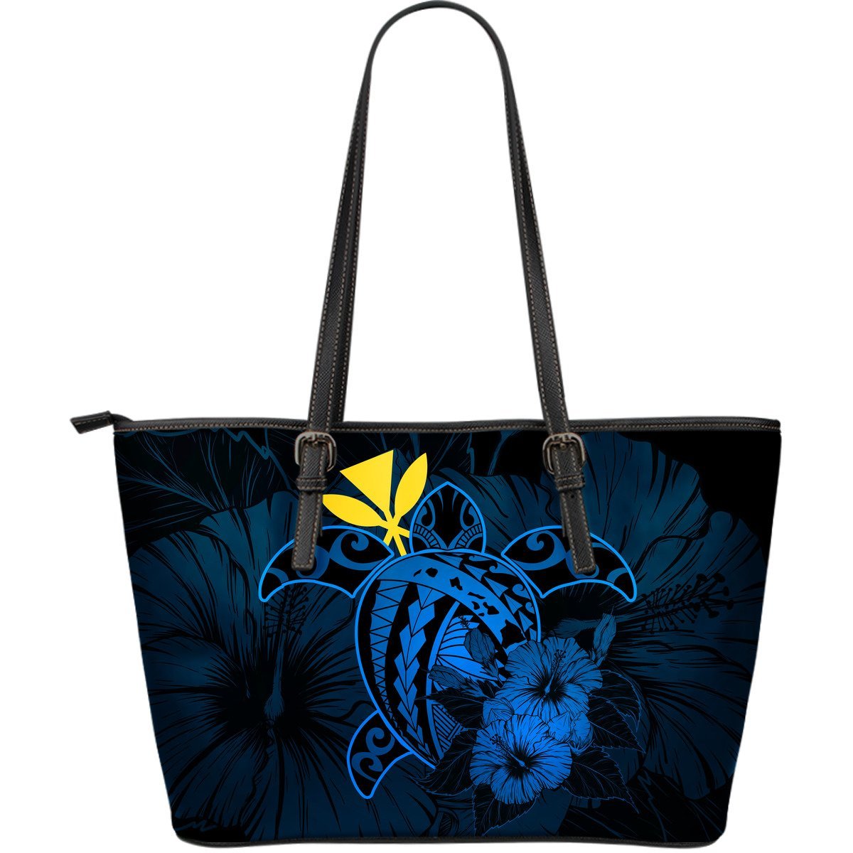 Hawaii Hibiscus Large Leather Tote Bag - Harold Turtle - Traffic Blue Blue - Polynesian Pride