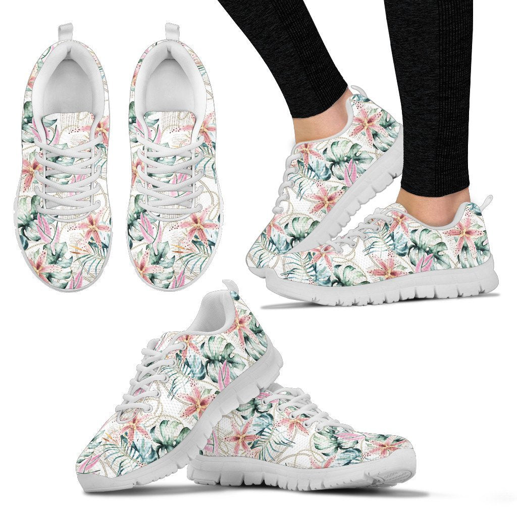 Hawaii Tropical Pattern With Orchids, Leaves And Gold Chains. Sneakers - Polynesian Pride