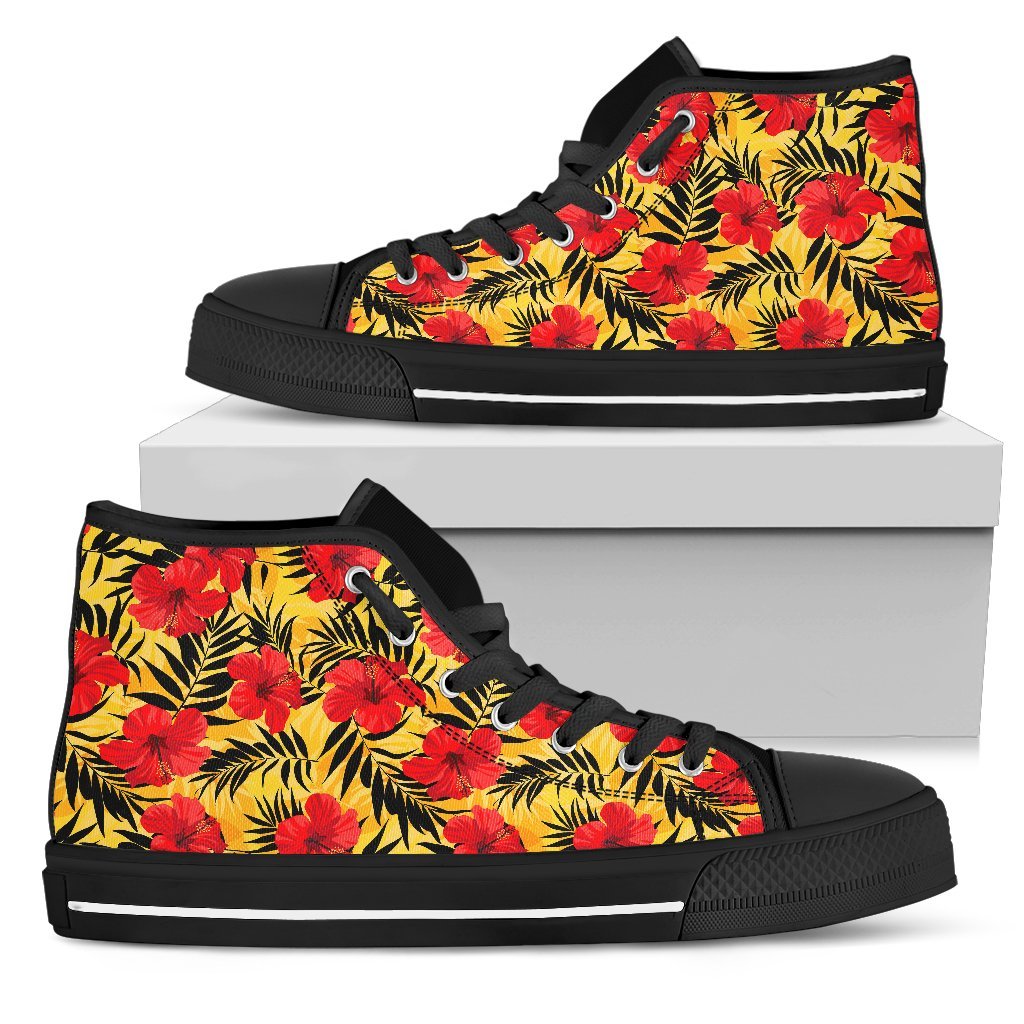 Hawaiian Shoes - Tropical Flowers And Palm Leaves High Top Shoes Mens High Top Black - Polynesian Pride