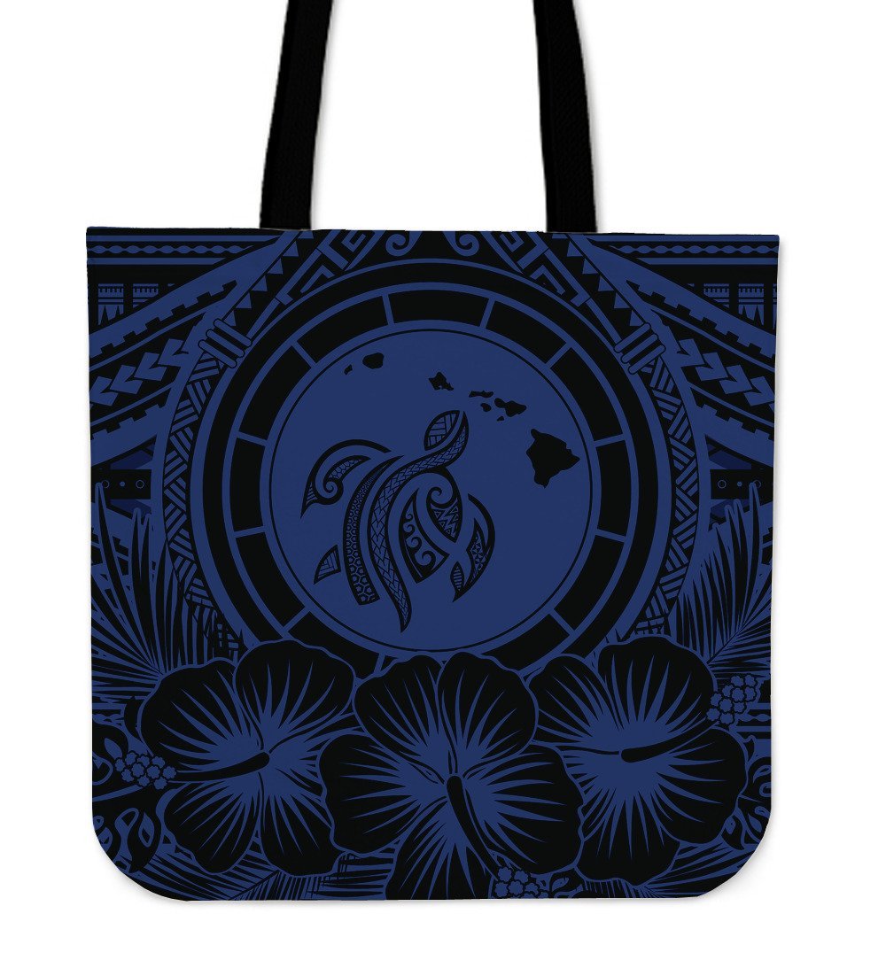 Hawaii Map Honu Hibiscus Blue Polynesian Tote Bag Tote Bag One Size Blue - Polynesian Pride